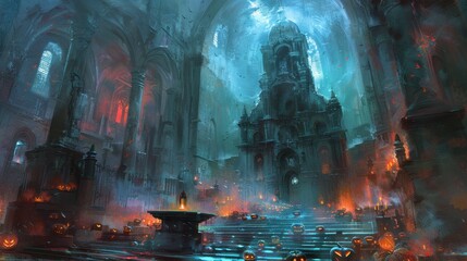 Obraz premium Mystical ancient cathedral interior with eerie lighting and glowing ambiance, creating a haunting and magical atmosphere.