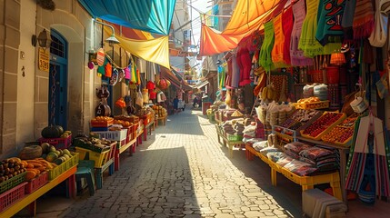 Fototapeta premium A vibrant street market with colorful stalls and goods, capturing the lively and bustling energy of friendships.
