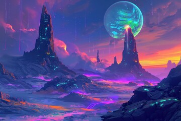 A surreal landscape with towering spires and a vibrant planet in the sky