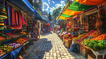 A vibrant street market with colorful stalls and goods, capturing the lively and bustling energy of friendships.