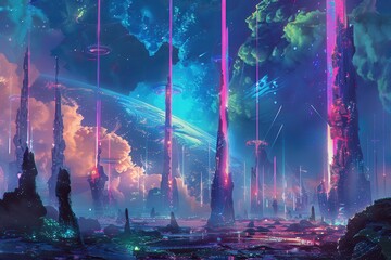 Futuristic Cityscape with Illuminated Towers and a Glowing Planet