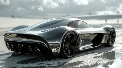 Create a chrome effect 3D text design for a futuristic sports car brand with sleek lines and reflective surfaces