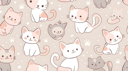 A cute and playful pattern featuring various illustrated cats in soft colors on a neutral background, perfect for pet-themed designs and products.  Seamless