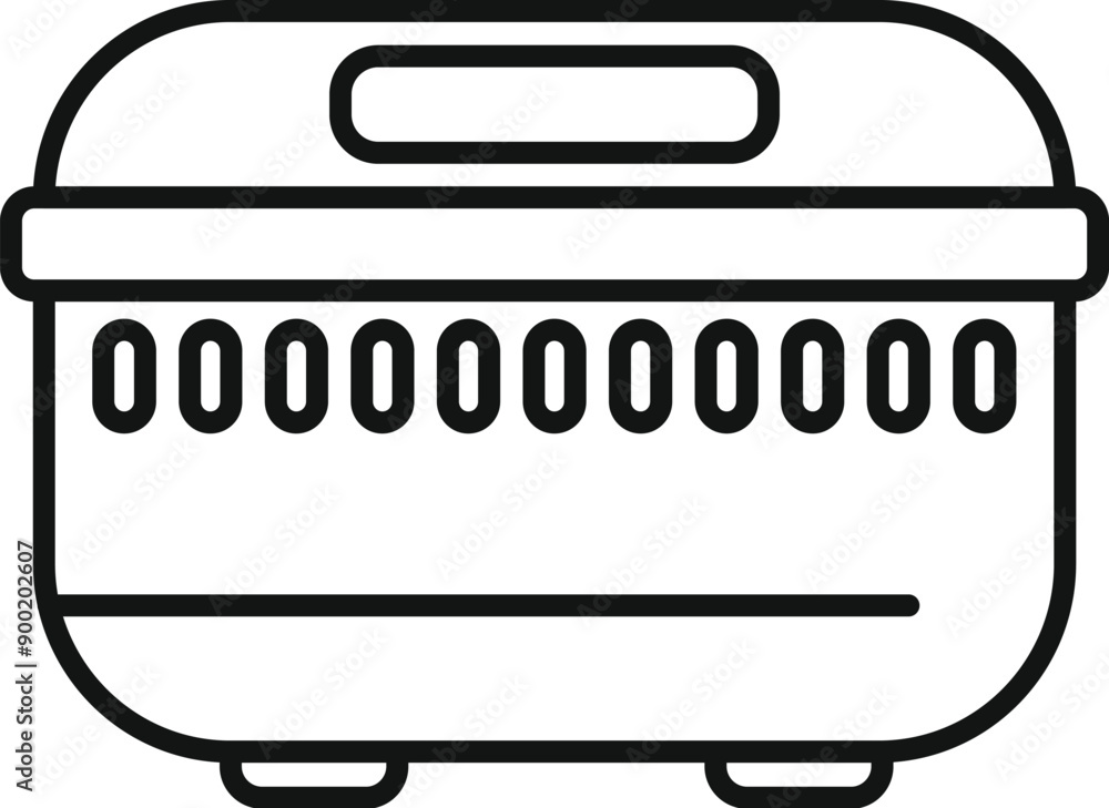 Poster line drawing of a plastic food container with a digital display showing the number zero repeating te