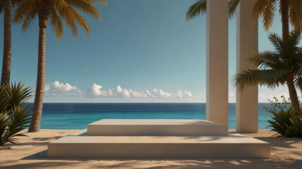 A spacious summer outdoor scene with a podium and potted plants under a clear blue sky and sea.