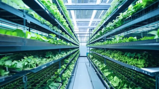 An expansive vertical farm with rows of various vegetables growing on stacked shelves.