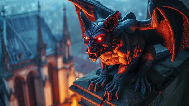 Gargoyle statue with glowing red eyes on a Gothic building - Powered by Adobe