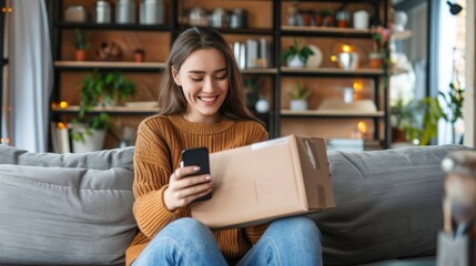 A smiling young woman is sitting on the sofa at home, holding a mobile phone and an open cardboard box in her hand, she is happy about the received package and the purchase.