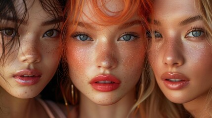 Produce a cosmetics advertisement featuring makeup looks centered around Peach Fuzz tones