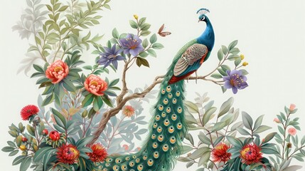 Peacock, traditional mughal garden, Vintage abstract background, this is an illustration of a traditional Mughal garden with an arch.
