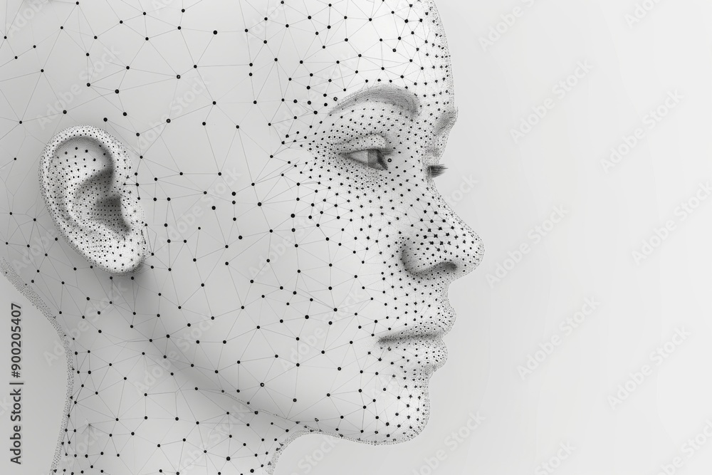 Aufkleber profile of a mannequin with a dotted digital mesh representing the intersection of technology and hu