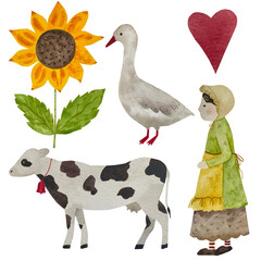 Watercolor farm clip art, hand drawn watercolor illustrations, rural life, goose, cow, sunflower, girl farmer