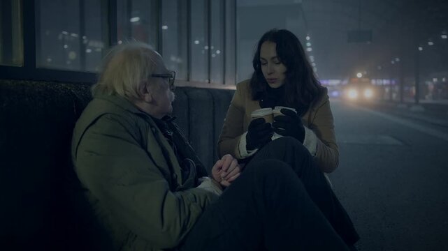 A mysterious urban encounter at night between an old man and a young woman on a foggy street corner