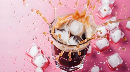 Coffee, milk, and ice cube splatters on a colorful backdrop