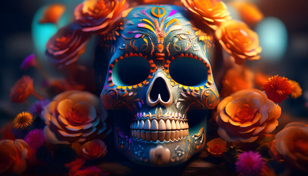 dia de los muertos, sugar, skull, neu, closeup, halloween, blumen, bohemian, style, boho, niemand, 1, maske, malerei, makro, kopf, webetafel, ad, dekoration, deko, 3d, neon, vivid, blume, bunt