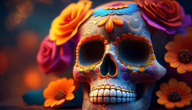 dia de los muertos, sugar, skull, neu, closeup, halloween, blumen, bohemian, style, boho, niemand, 1, maske, malerei, makro, kopf, webetafel, ad, dekoration, deko, 3d, neon, vivid, blume, bunt