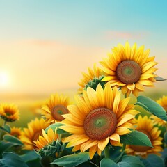 Obraz premium Vibrant sunflowers in a field under a bright morning sky, with soft sunlight highlighting their golden petals and lush green leaves.