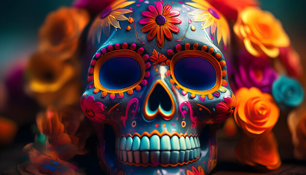 dia de los muertos, sugar, skull, neu, closeup, halloween, blumen, bohemian, style, boho, niemand, 1, maske, malerei, makro, kopf, webetafel, ad, dekoration, deko, 3d, neon, vivid, blume, bunt