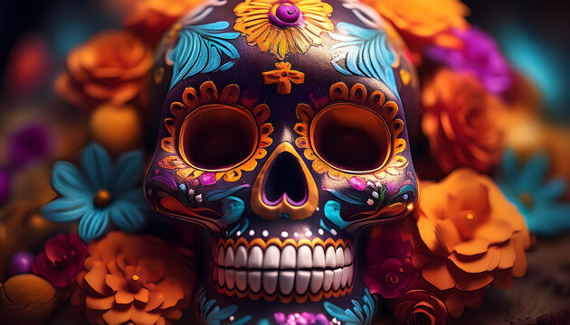 dia de los muertos, sugar, skull, neu, closeup, halloween, blumen, bohemian, style, boho, niemand, 1, maske, malerei, makro, kopf, webetafel, ad, dekoration, deko, 3d, neon, vivid, blume, bunt