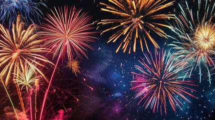Fototapeta premium Midnight Skies Illuminated by Fireworks: A Spectacle of Light and Color Celebrating the Night