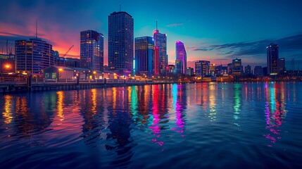Fototapeta premium A vibrant cityscape at dusk with colorful lights reflecting on the water, capturing the lively spirit of urban friendships.