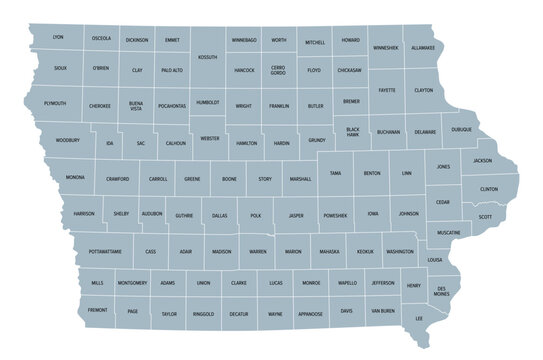 Iowa counties, gray political map with borders and county names. Landlocked state in the Midwestern region of the United States, subdivided into 99 counties. Nicknamed The Hawkeye State. Illustration
