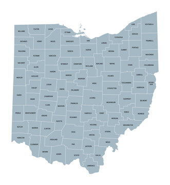Ohio counties, gray political map with borders and county names. State in the Midwestern region of the United States, subdivided into 88 counties. Nicknamed Buckeye State, and Heart Of It All.