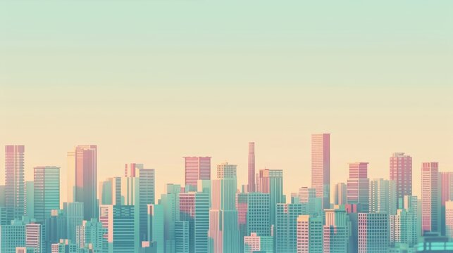 a big city with skyscrapers constraint on top of a single tile, minimalistic style, simple colors, 