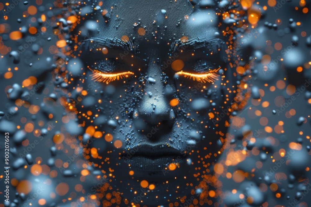 Aufkleber futuristic human face with digital particles representing the intersection of humanity and technolog