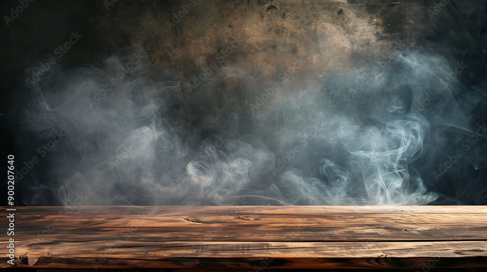 Poster empty wooden table with smoke float up on dark background