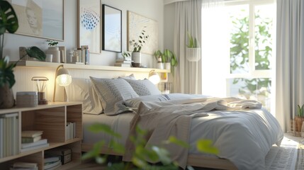 rendering of a light, modern bedroom featuring a spacious bed, sleek shelving units, and a stylish bedside table with this inviting photo.