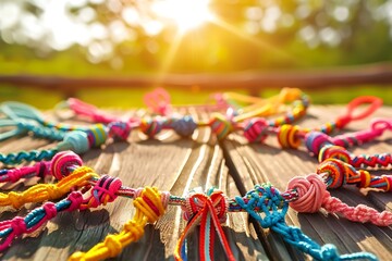 Fototapeta premium A vibrant assortment of colorful friendship bracelets in a circle on a wooden table, symbolizing the bond of friendship, with a sunny background.