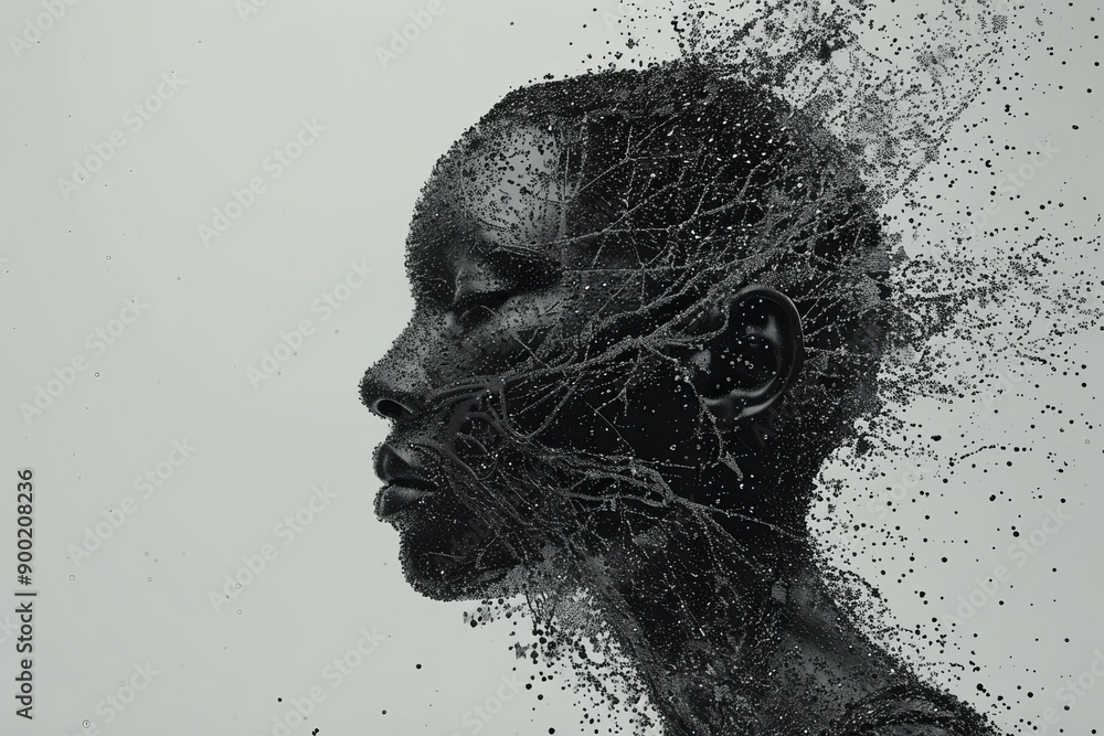 Poster silhouette of a person with digital mesh and particles symbolizing the intersection of human identit