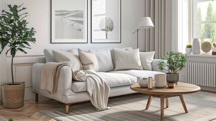 Fototapeta premium living room featuring a soft grey sofa and stylish wooden coffee table, perfect for a cozy and inviting home with this inviting photo.