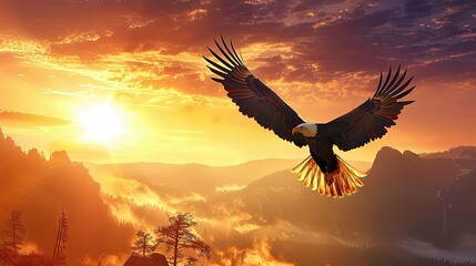 eagle soaring over a scenic landscape, its silhouette standing out against a stunning sunset, with this inviting photo.