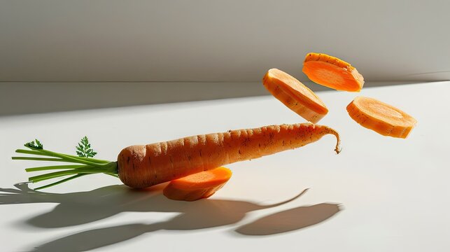 and slices levitating with a shadow on a white background, capturing the vibrant orange color and motion with this inviting photo.