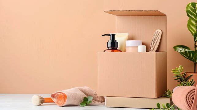 box for a beauty subscription service displayed with beauty items and space for text, perfect for advertising your brand with this inviting photo.