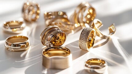of golden rings on white, highlighting their flawless craftsmanship and luxurious appeal with this inviting photo.