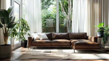 Fototapeta premium living room with a brown leather sofa, spacious windows, flowing white curtains, and fresh potted plants adding a touch of nature with this inviting photo.
