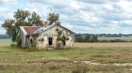Obraz premium Rural farmhouse tourism site with damaged exterior featuring empty space for text