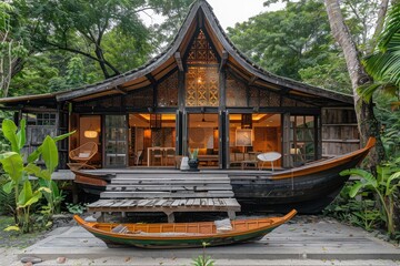 Obraz premium Rustic wooden house on tropical beach, serene landscape.