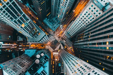 Fototapeta premium bird-eye view of a big city with skyscrapers, two street crossing 