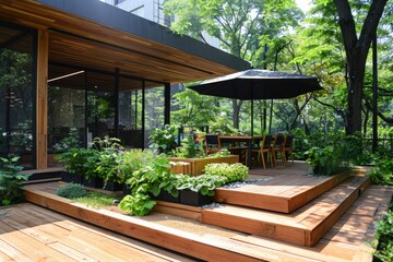 A contemporary backyard patio featuring a large dining table, black umbrellas, and an integrated grill set amid lush vegetation and wooden planter boxes.