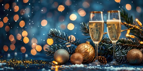 Elegant festive champagne glasses with Christmas baubles