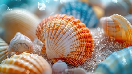 Assortment of vibrant seashells in various shades of blue, orange, and white, highlighting their intricate patterns and natural beauty, lying closely together.