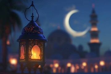 Fototapeta premium illustration of fantastic religious eid background with mosque and moon.