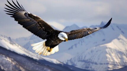 Obraz premium bald eagle flying high, with the mountains in the background creating a breathtaking natural scene, with this inviting photo.