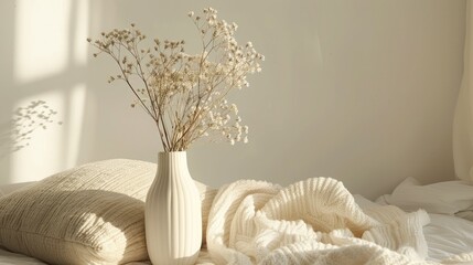 setting featuring a cream white vase with dried flowers, perfect for a cozy and inviting home decor with this inviting photo.