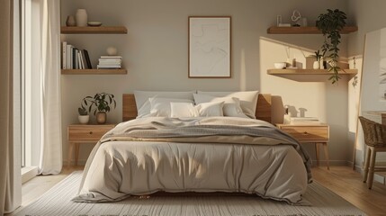 3D illustration of a bedroom, featuring a large comfortable bed, stylish shelving units, and a bedside table, all set in a light and inviting design with this inviting photo.