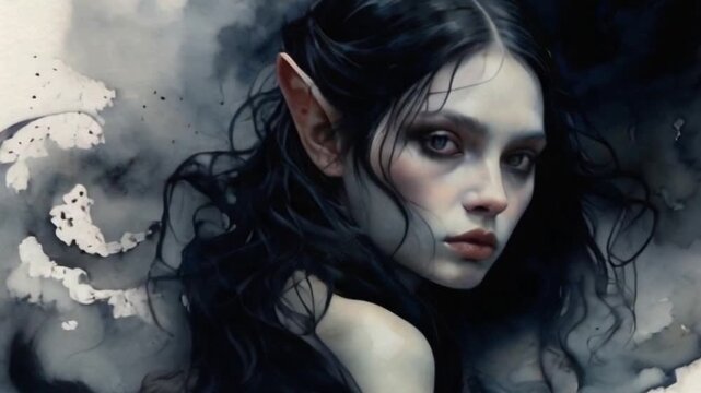 A pale, black-haired goblin in lace and velvet. Their eyes are dark and sad, framed by smoke. This painting captures the figure in a blend of colours that evoke a haunting beauty